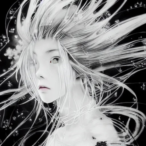 Image similar to yoshitaka amano blurred and dreamy realistic illustration of an anime girl with wavy white hair and cracks on her face wearing elden ring armour with the cape fluttering in the wind, abstract black and white patterns on the background, noisy film grain effect, highly detailed, renaissance oil painting, weird portrait angle