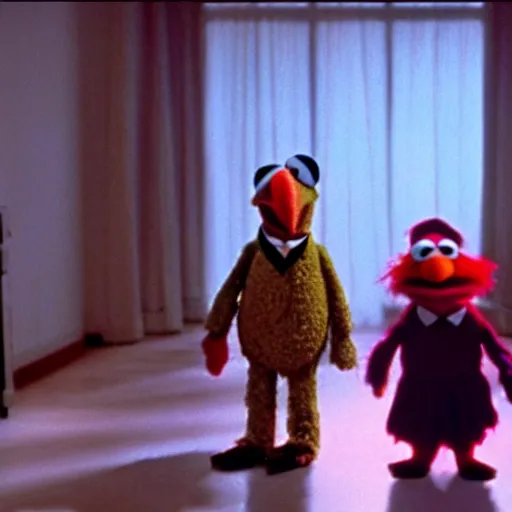 Prompt: shining but with muppets, movie still, cinematography, cinematic lighting