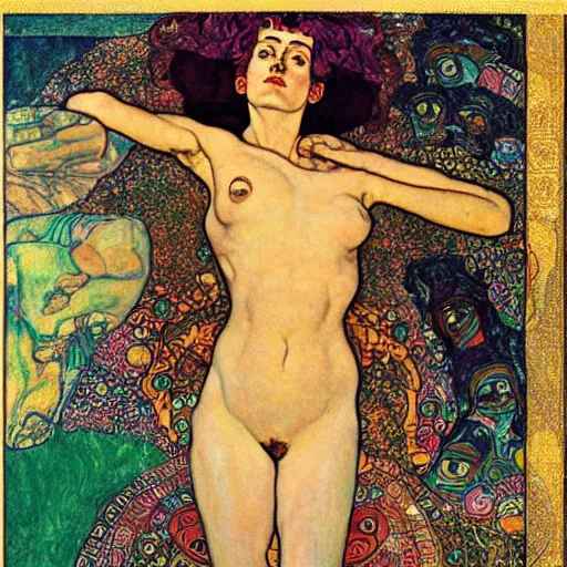 Prompt: a goddess of transcendential consciousness, contrapposto, egon schiele, gustav klimt, alphonse mucha, retro futurism