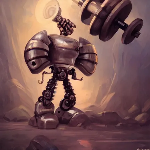 Image similar to robot [ thing ], lifting dumbbells, drinking a shake, tiny, small, short, cute and adorable, pretty, beautiful, dnd character art portrait, matte fantasy painting, deviantart artstation, by jason felix by steve argyle by tyler jacobson by peter mohrbacher, cinema