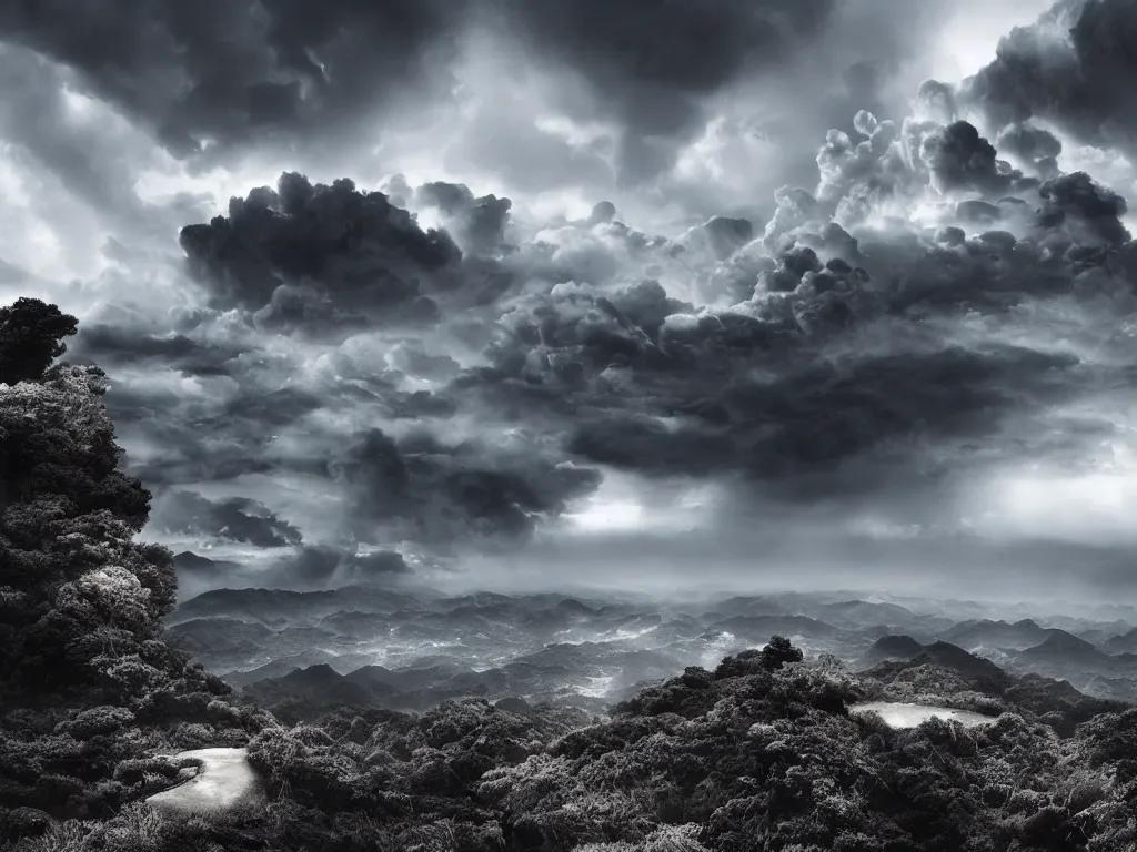 Prompt: detailed landscape, japanese high cliff, very detailed dark super storm, hyper realistic clouds, impressive, magical, very atmospheric, smoke boiling, cinematic, deep, very high complexity, stunning, masterpiece, chiaroscuro, photography, very detailed. 4 k