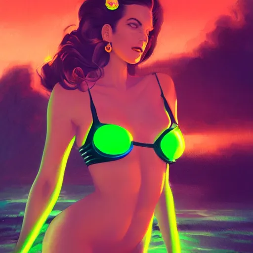 Image similar to portrait of pin up girl in a neon green bikini, visible aura of madness distorting the surroundings, occult details, greg rutkowski style, high quality, 8 k by olivia de berardinis