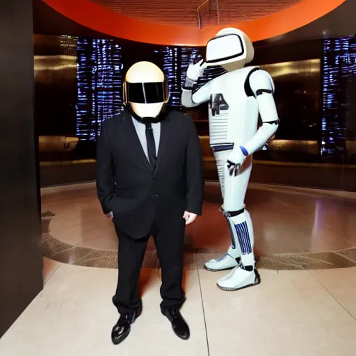 Image similar to Jonah Hill X Daft Punk. They are at the Hilton Garden Inn lobby. Hotel lobby. Weird robotman daft punk. Man with helmet. Jonah hill famous actor. Meeting. Hilton. 4k photography