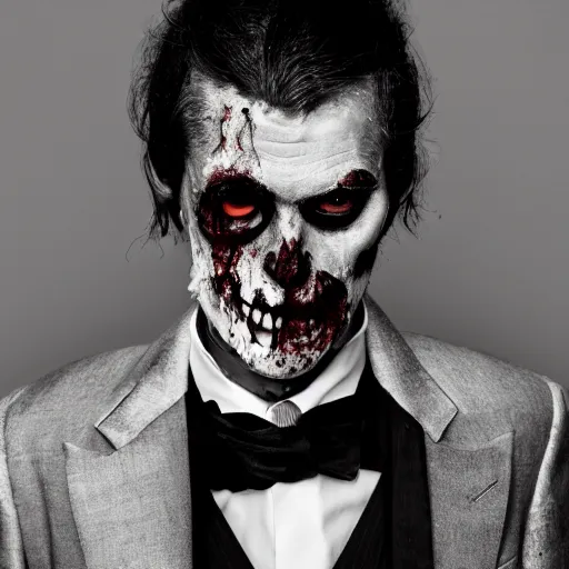 Image similar to a beautiful fashion portrait photograph of a friendly good looking zombie in a tuxedo, studio harcourt, black and white, fashion photography, paolo roversi, richard avedon, chiaroscuro, trending on artstation, ultradetailed, octane render, 4 k, unreal engine, 5 0 mm, sharp focus, studio light photography, high definition, irving penn,