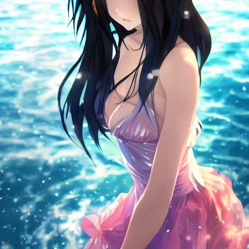 Prompt: a very beautiful anime girl wearing a dress made of water standing in a crystal lake , full body, long black hair, azure blue watery eyes, full round face, seductive stare, cinematic lighting, closeup shot, mid-shot, highly realistically detailed, trending on artstation, Unreal Engine 4k, Stanley Artgerm Lau, WLOP, Rossdraws, James Jean, Andrei Riabovitchev, Marc Simonetti, and Sakimichan