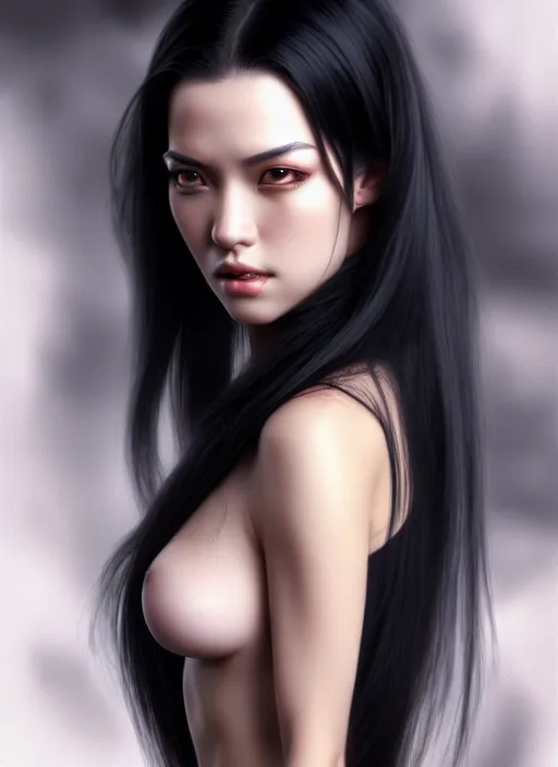 Prompt: photo of a female with long black hair in the style of stefan kostic, realistic, body shot, sharp focus, 8 k high definition, insanely detailed, intricate, elegant, art by stanley lau and artgerm, floating embers