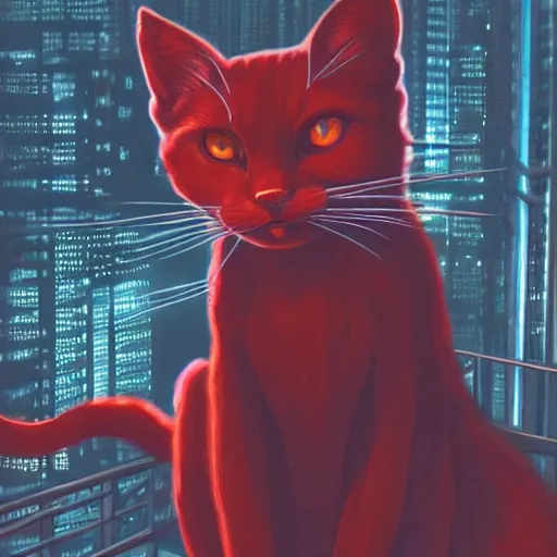 Image similar to a red cat sitting on steel beam high above the ground, cyberpunk, bladerunner, futuristic, studio ghibli, anime, smooth, trending on artstation