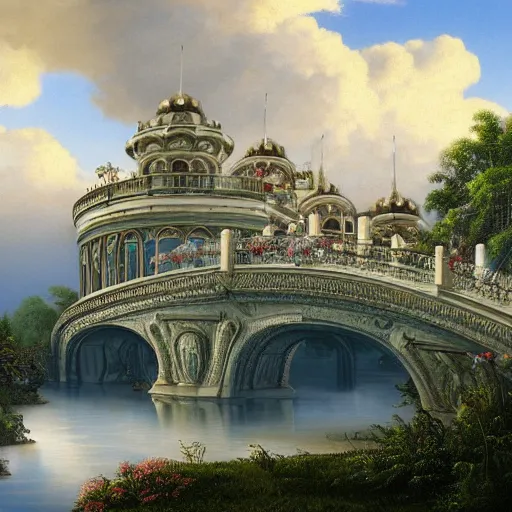 Prompt: bridge leading to an ornate palace in the clouds hyperrealistic fantasy-H 768