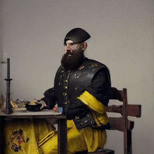 Image similar to Frustrated and acerbic male Imperial sergeant with a short beard wearing a {black and yellow tabard} over a steel breastplate and a black gambeson leaning over a table, by Raymond Swanland Greg Rutkowski Lise Deharm, {perfect face}, {perfect eyes}, {perfect body}, {hands planted on war table while standing}, fantasy