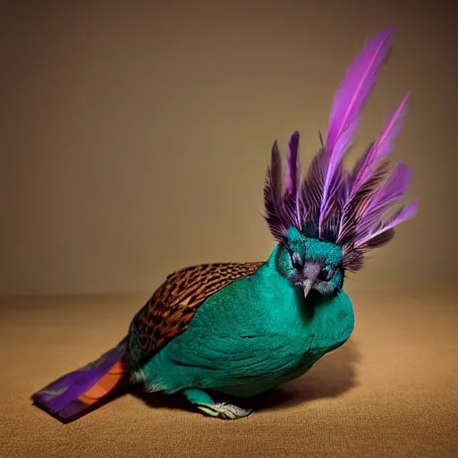 Image similar to A picture of a cute pet cat with long pheasant feathers on the body. The feathers are green and purple. award winning, stunning, 8k