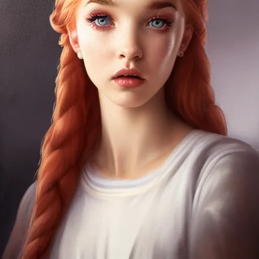 Prompt: tom bagshaw portrait, beautiful mix of dove cameron madison beer bella poarch in a full sailor suit, short redhead, professionally retouched, focus eyes, ultra realistic soft painting, insanely detailed linework, symmetrical accurate intricate features, behance, 8 k, no text