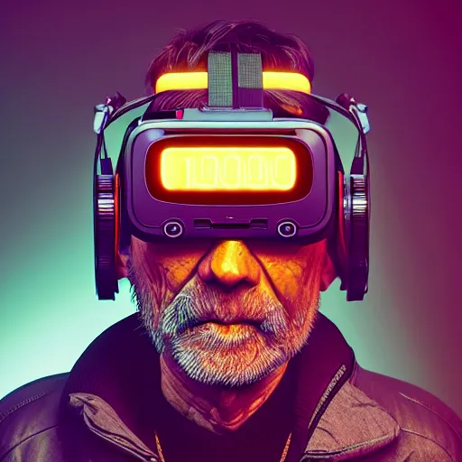 Prompt: Colour Photography of 1000 years old man with highly detailed 1000 years old face wearing higly detailed cyberpunk VR Headset. in style of Josan Gonzalez