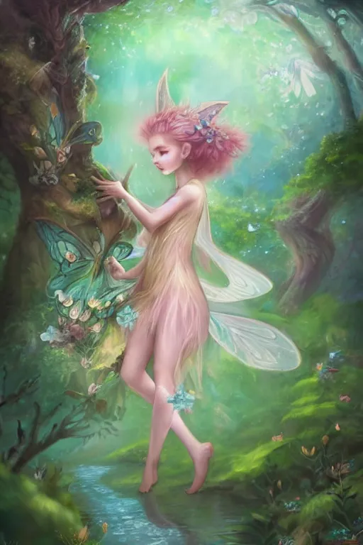 Image similar to a cute and geogerous fairy in the dreamy forest, fantasy, dreamlike, 8 k resolution, hyper detailed, d & d, character design, digital painting, trending on artstation, sharp focus, illustration, art by viktoria gavrilenko, hoang lap, fuji choko, steve zheng,