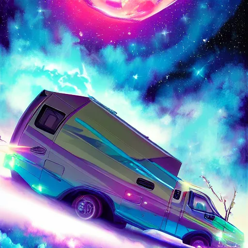 Prompt: beautiful digital painting of an RV driving through space, hyperdetailed, vivid colors, trending on Artstation