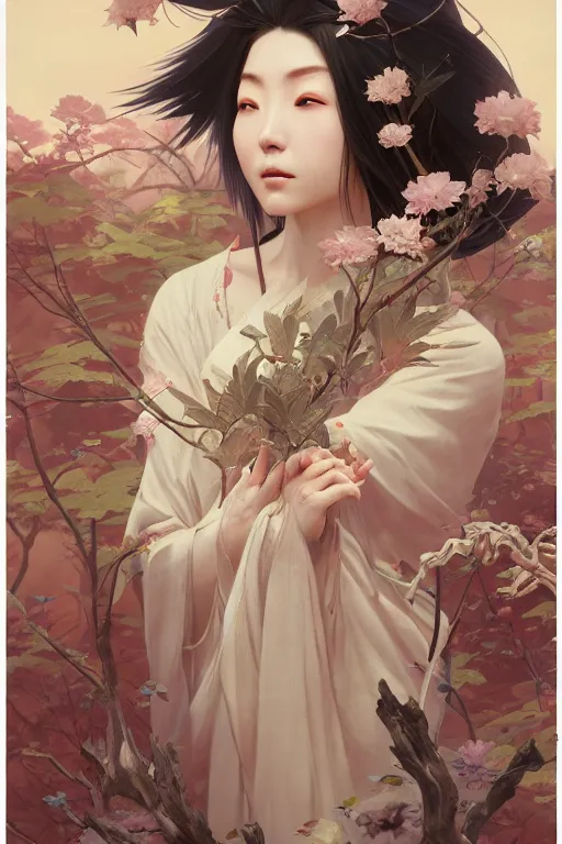 Image similar to Japanese goddess of nature, accurate anatomy, only two hands, highly detailed, digital painting, artstation, concept art, smooth, sharp focus, illustration, Unreal Engine 5, 8K, art by Ross Tran and greg rutkowski and alphonse Mucha