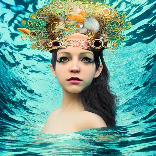 Image similar to kawaii puerto rican goddess swimming in the ocean wearing a bespoke headdress designed by emma yeo made of circuitry, inspired by cameron gray, wlop, stanley kubrick, masamune, unique perspective, photorealistic, intricate foreground, dof, trending on artstation, 3 d render, vivid