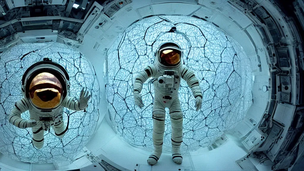 Image similar to a single astronaut eva suit made of diamond 3d fractal lace iridescent bubble 3d skin and covered with insectoid compound eye camera lenses floats through the living room, film still from the movie directed by Denis Villeneuve with art direction by Salvador Dalí, wide lens,