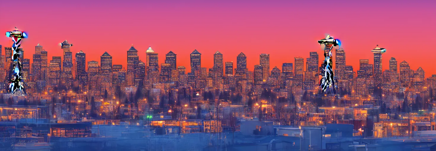 Image similar to panorama of Seattle at sunset, retro, highly-detailed, nostalgic, trending on artstation, 4k, trail lights, lowpoly, digital art, slight fog