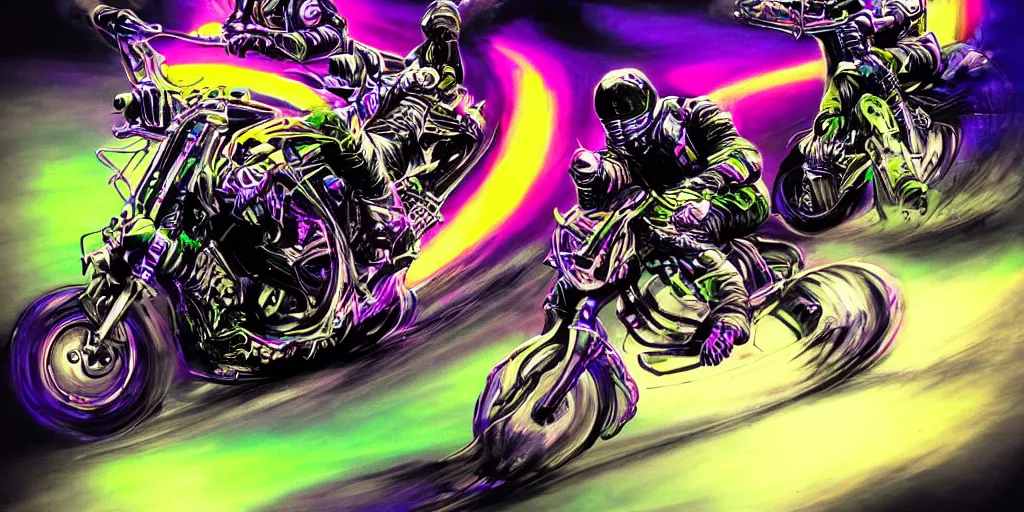 Image similar to psychedelic blacklight airbrush artwork, motorcycles, hyper stylized action shot of orc bikers racing on motorcycles, menacing orcs, drifting, skidding, wheelie, clear focused details, soft airbrushed artwork, black background, cgsociety, artstation