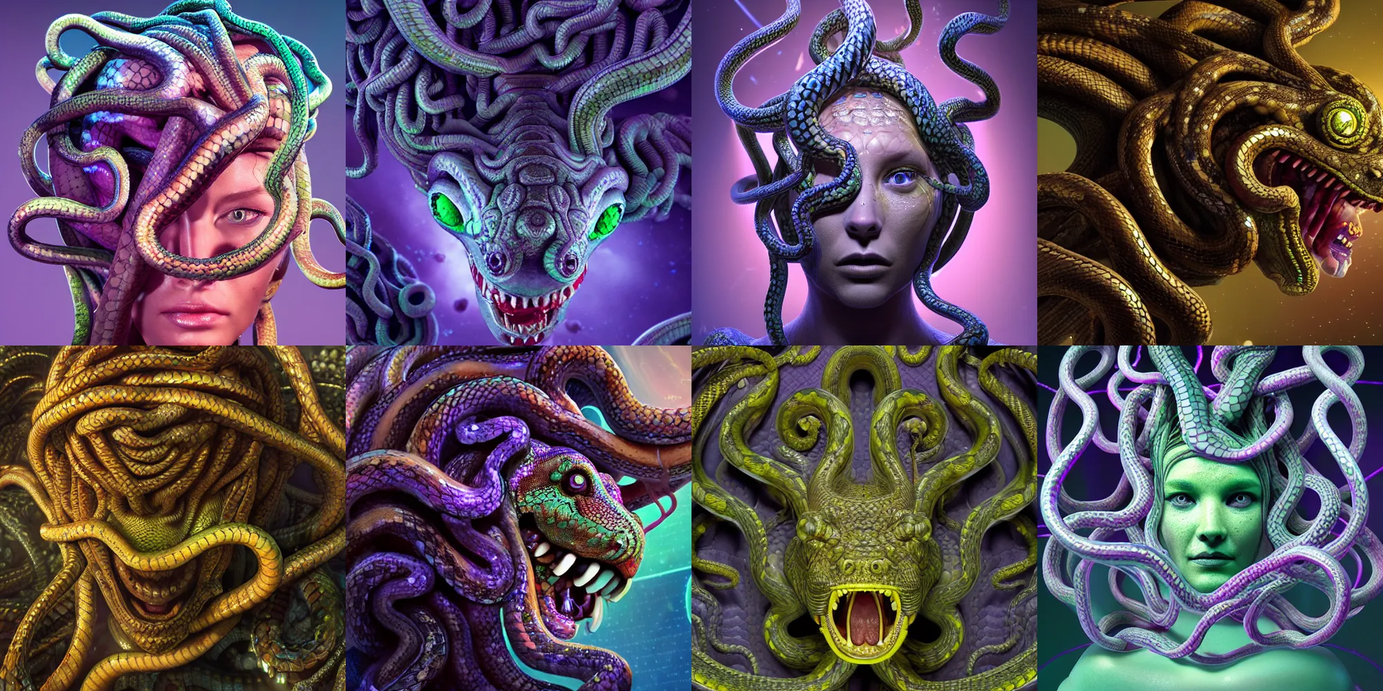 Image similar to beautiful medusa gorgon head highly detailed snakes, cosmic horror, abstract, ghostly, arcade, duotone, poltergeist, epic lighting, intricate, elegant, highly detailed, smooth, sharp focus, photo real, ultra realistic, unreal engine 5, raytracing, in the style of beeple and mike winkelmann, ultraviolet colors,