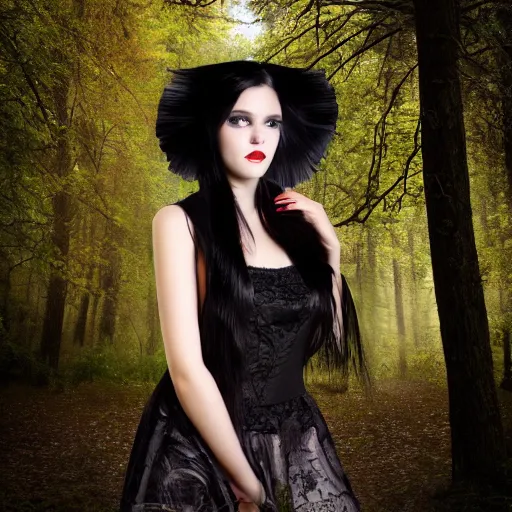 Image similar to photogenic gothic young woman with black hair in dark forest, 8 k, portrait