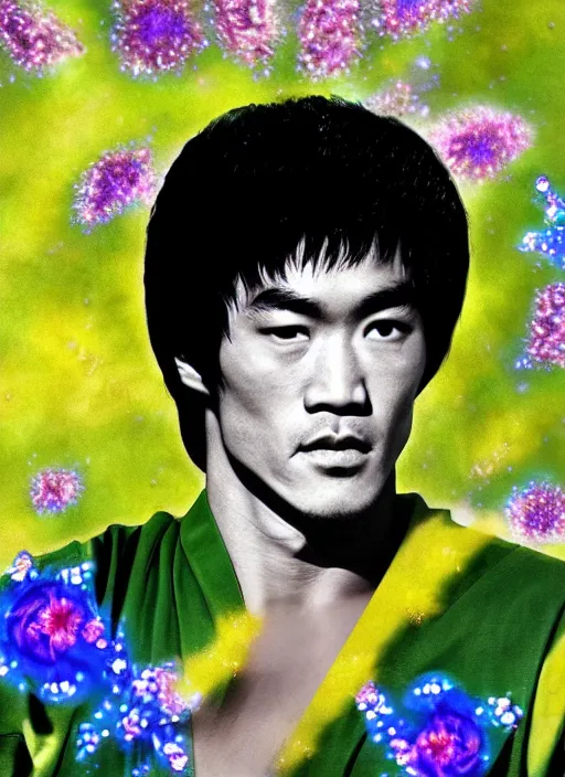 Image similar to portrait of Bruce Lee as a Celestial of a futuristic pearlescent holographic, inside future fighter, sci-fi, fantasy, intricate, lush garden spaceship with sakura season flowers in Kyoto Japan, elegant, human anatomy, royal green and nature light, highly detailed, digital painting, artstation, concept art, smooth, sharp focus, illustration, art by tian zi and WLOP and alphonse mucha, masterpiece, 3d blender