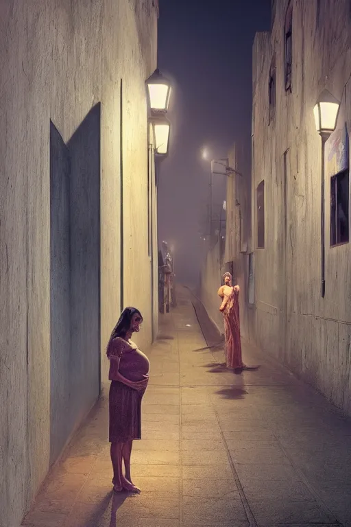 Image similar to pregnant woman under street light, highly detailed, sharp focused, ultra realistic digital concept art by Steve Mccurry