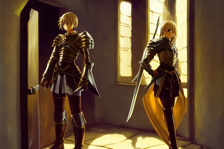Prompt: anime key visual of young female fantasy knight, shoulder length brown hair shining detailed platinum and gold trim armor, wielding two bloody daggers, standing in the doorway of an ancient stone silver monastery, style of jamie wyeth james gilleard edward hopper greg rutkowski acrylic painting, preserved museum piece, historical