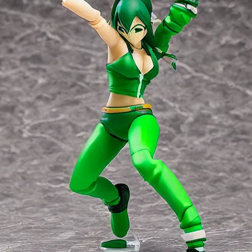 Prompt: league of legends akali as a Figma doll. Posable anime figurine. Kunai-weilding, green facemask, green outfit. PVC figure 12in.