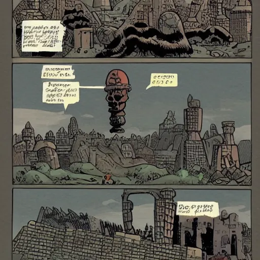 Prompt: landscape of apocalypse city comic book artsyle illustration by mike mignola