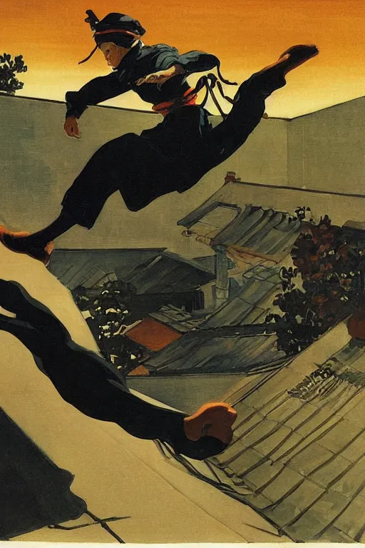 Prompt: a ninja jumping from the roof at night by joaquin sorolla, syd mead, hokusai