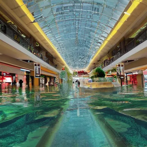 Image similar to photo of inside a shopping mall the inside is flooded with over 2 5 meters depth of water, highly detailed.