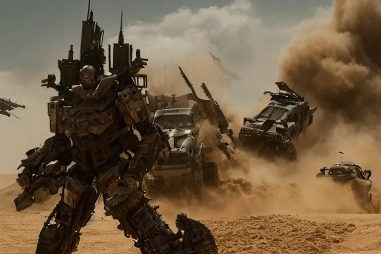 Image similar to epic sandstorm battle, Action, movie pacific rim, in the Movie transformers, in the Movie Mad Max: Fury Road (2015)