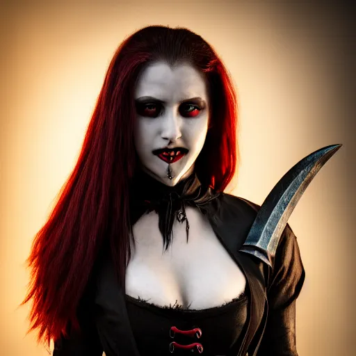 Image similar to photo of a real-life beautiful female vampire warrior, 4k