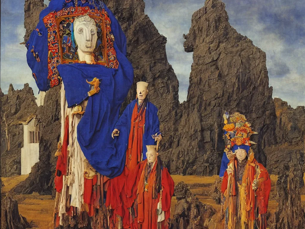 Image similar to Albino mystic with his back turned, looking in the distance at giant totemic archaic sculpture mask Tibetan temple made from Lapis Lazuli. Painting by Jan van Eyck, Audubon, Caspar David Friedrich, Rene Magritte, Agnes Pelton, Max Ernst, Walton Ford