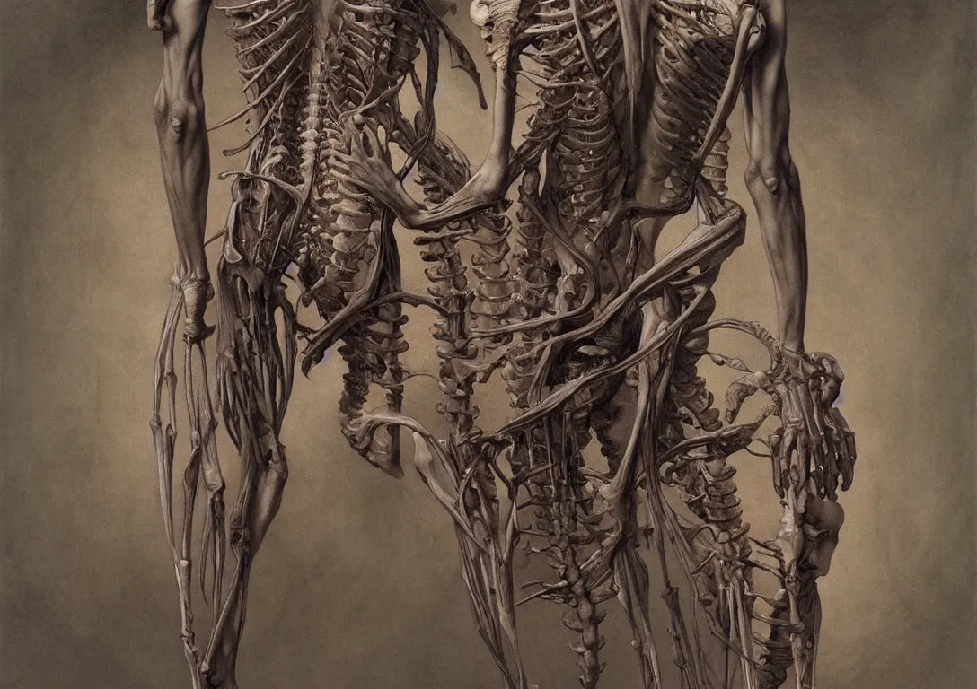 Image similar to human spine artists anatomy in the style of wayne barlowe, gustav moreau, goward, bussiere, roberto ferri, santiago caruso, luis ricardo falero, dali