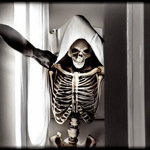 Prompt: the skeleton in the closet, award winning horror photography, cinematic