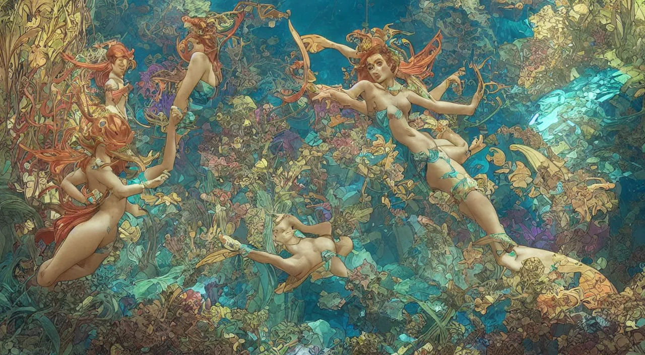 Image similar to Merfolk in the Lost City of Atlantis, very colourful, underwater, highly detailed, artstation, intricate, smooth, sharp focus, bright, happy, illustration, art by Artgerm and Greg Rutkowski and Alphonse Mucha and Yuumei, good clear quality, lighting, biology, symmetrical artwork, perfect face, 135 mm, cinematic, hyper realism, dark, moonlight, high detail, octane render, 8k, crimson highlights