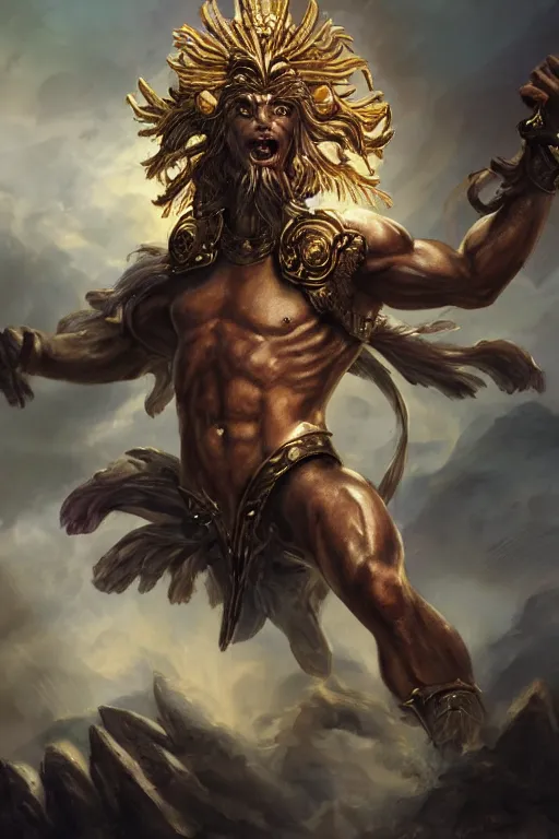 Prompt: kobold god with a radiant halo, detailed face, gorgeous, amazing, flowing hair, very muscular male body, partial anatomy, stormy and grand war scene, caesar victorious, proud Emperor, crepuscular ray, intricate, highly detailed, 8K, digital painting, fantasy, artstation, concept art, sharp focus, over-shoulder shot, illustration, art by greg rutkowski beeple and alphonse mucha