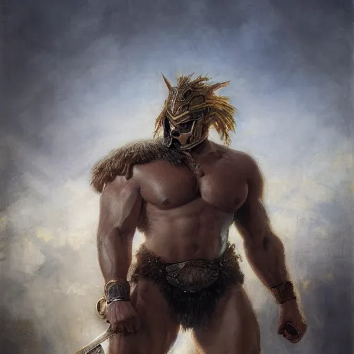 Prompt: handsome portrait of a spartan guy bodybuilder posing, radiant light, caustics, war hero, metal gear, steel ball run, by gaston bussiere, bayard wu, greg rutkowski, giger, maxim verehin