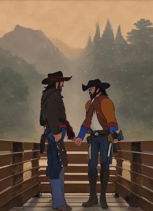 Image similar to mccree kissing hanzo on a bridge in the rain, path traced, highly detailed, high quality, digital painting, by studio ghibli and alphonse mucha, leesha hannigan, makoto shinkai, disney