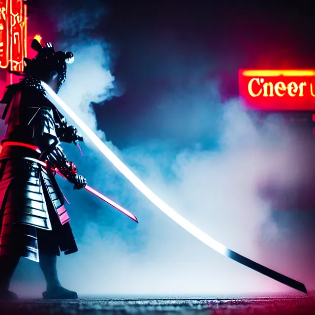 Image similar to cyber samurai fire dance slashing sword atomic, detailed bushido form smoke, fighting stance atomic energy, shibuya prefecture, cinematic neon uplighting, fog mist smoke, photorealistic, night photography by tomino - sama