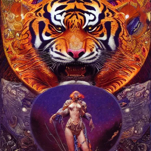 Image similar to highly detailed portrait of a tiger shaped psychedelic dmt mecha, painting by gaston bussiere, craig mullins, j. c. leyendecker, lights, art by ernst haeckel, john william godward, hammershøi, alex grey