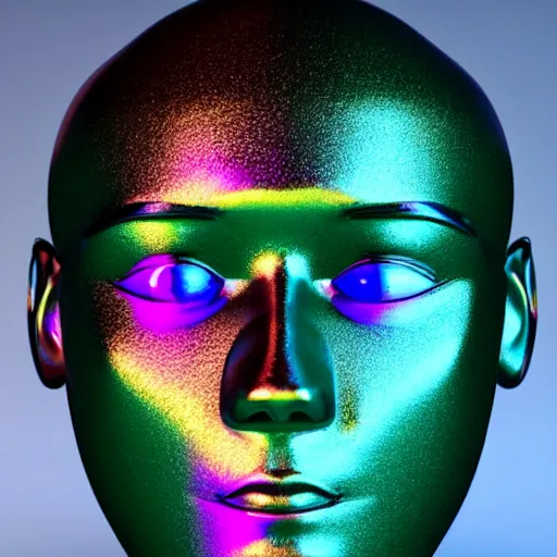 Image similar to 3d render of holographic human robotic head made of glossy iridescent, surrealistic 3d illustration of a human face non-binary, non binary model, 3d model human, cryengine, made of holographic texture, holographic material, holographic rainbow, concept of cyborg and artificial intelligence