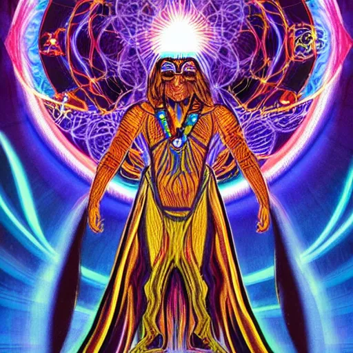 Prompt: amazonian shaman entering a visionary state and traveling in his astral body to hyperspace