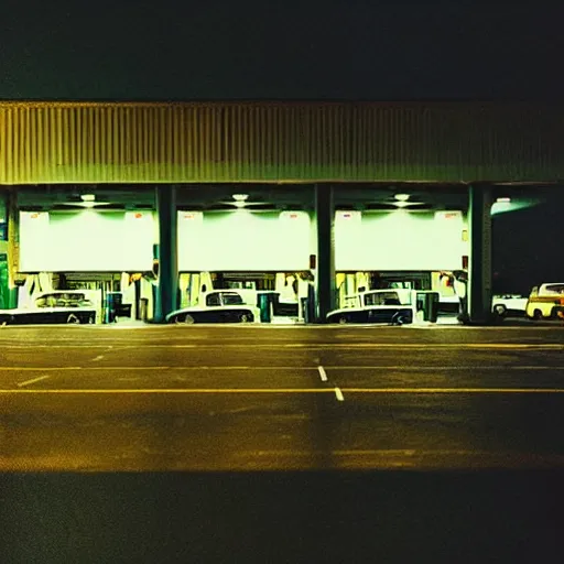 Prompt: “gas station photography,night,rain, various subjects, cinestill 800t, in the style of William eggleston”