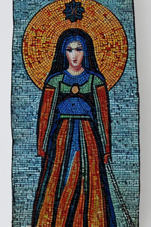 Image similar to Byzantine cyberpunk goddess, symmetrical, mosaic, felt