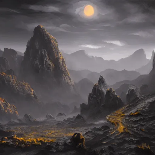 Prompt: basalt cliffs with sharp edges, dark atmosphere fantasy landscape, high detail, fantasy art, concept art, 4 k, ultra detail, computer art