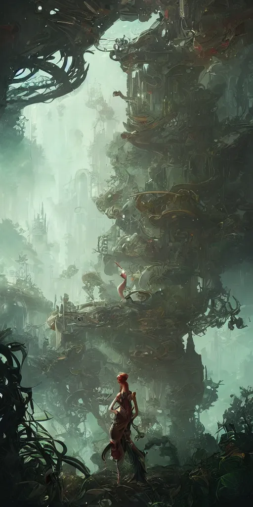 Image similar to a detailed concept art of a woman against the background of an overgrown city , artstation, by Peter Mohrbacher, Art Nouveau, sophisticated, Unreal engine, intricate