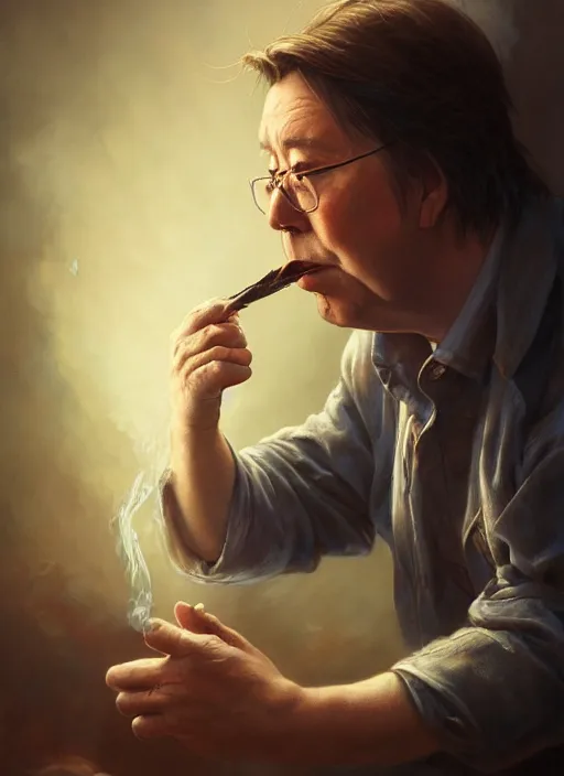 Image similar to bill hicks smoking, by jesper ejsing, justin gerard, tomasz alen kopera, cgsociety and fenghua zhong, highly detailed, rim light, cinematic lighting, illustration, art, octane render, very coherent, cinematic, hyper realism, high detail, octane render, 8 k